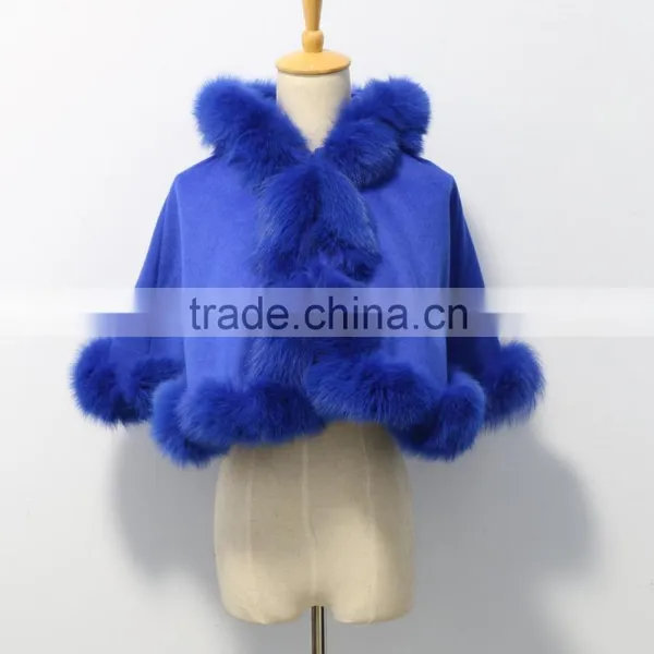 Winter Elegant Kids Women's Real Fox Fur Trim With Cashmere Cape photo-3