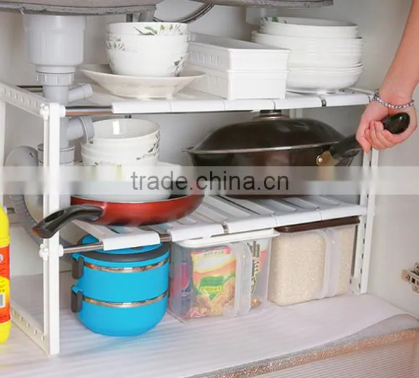 2 Tier Expandable Adjustable Under Sink Shelf Storage Shelves Kitchen Organizer photo-2