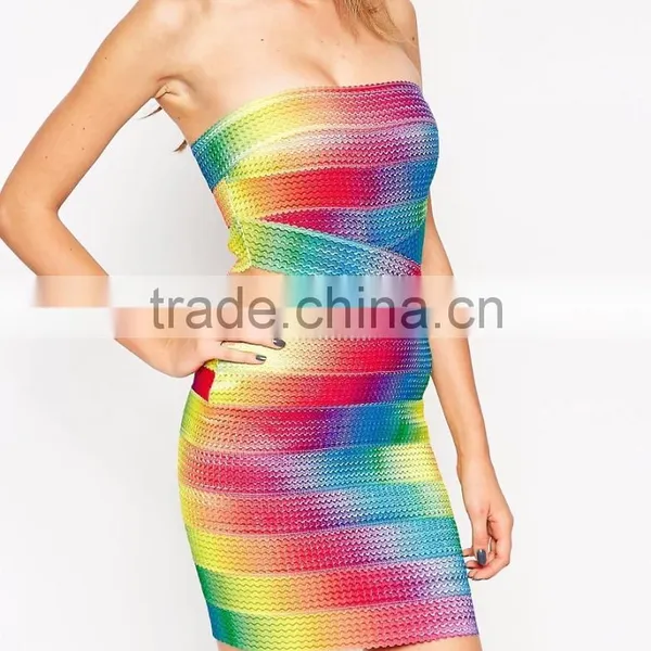 2016 Rayon Elastic Knitted Bandeau Bandage Festival Rainbow Dress Off Shoulder Silm Bodycon Mini Dress photo-2