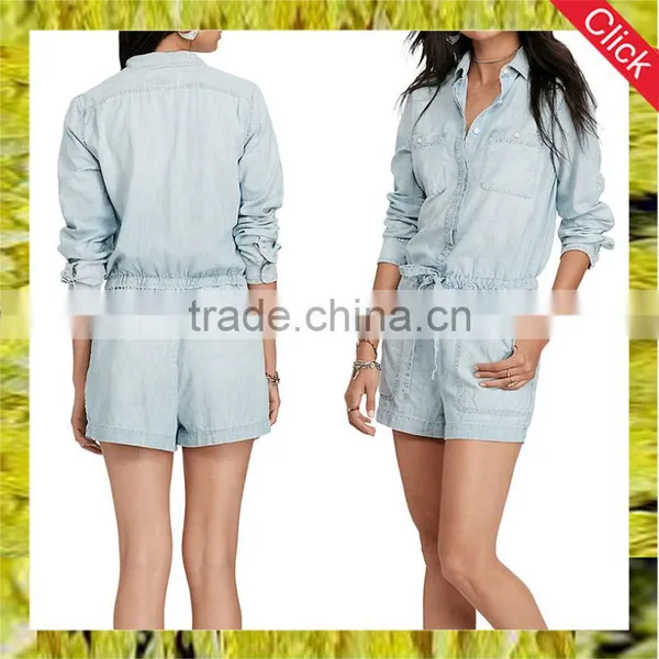 New Fashion Women's Drawcord Rompers Jumpsuits Long Sleeves Denim Jeans