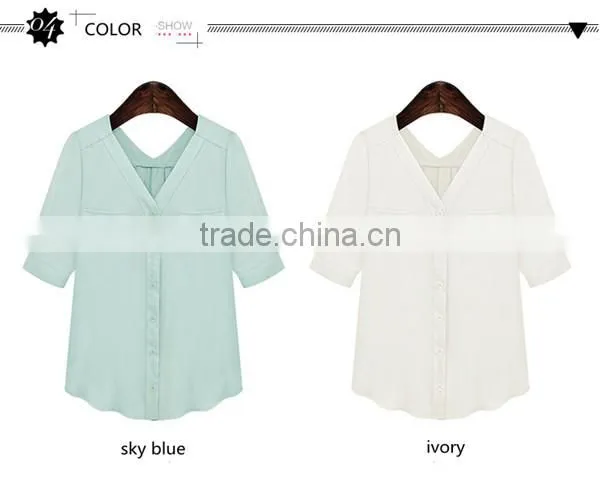 New Design 2 Colors Choice V Neck Short Sleeve Plus Size Women Chiffon Fabric Shirt photo-3