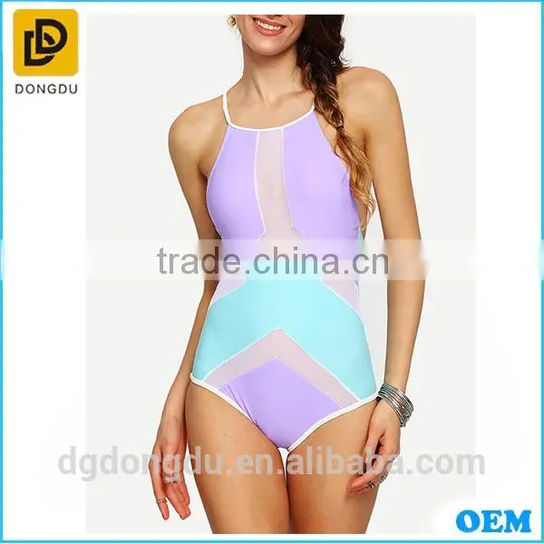 New Arrival 2016 Color Block Mesh Insert Crisscross One-Piece Swimwear