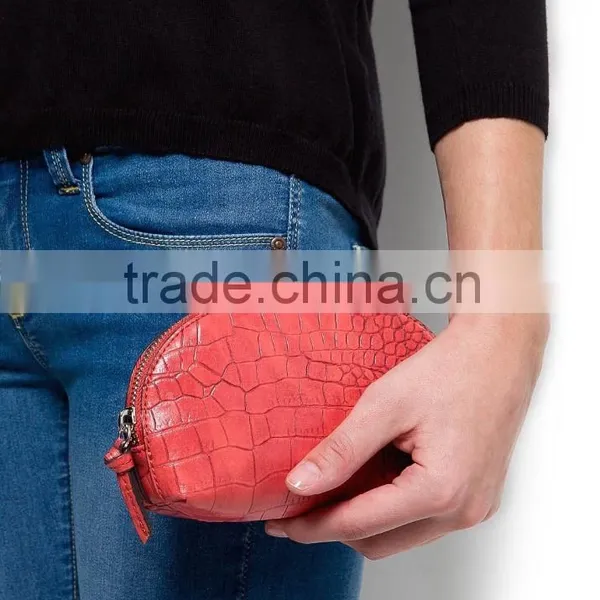 2016 Croc Effect Leather Small Clutch Bag Top Zip Fastening Popular Crocodile Embossed Genuine Leather Clutch Purse Round Shape photo-5