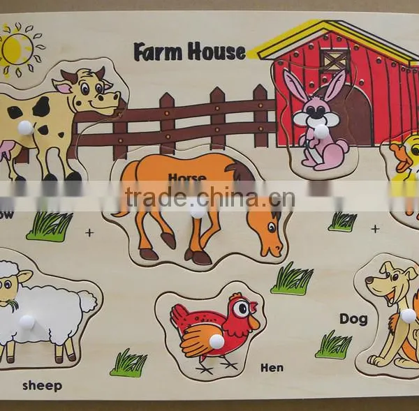 EN71-1-2-3 Test BSCI Factory Child Silk- Screen Printing Craft Educational Toy Puzzle Cartoon Toy Knob Wooden 2D Farm Puzzle photo-3