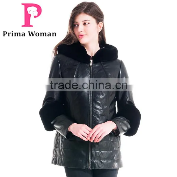 2016 New Design Winter Women Short Leather Coat With Rex Rabbit Hat Detachable Sleeveit Overcoat photo-4