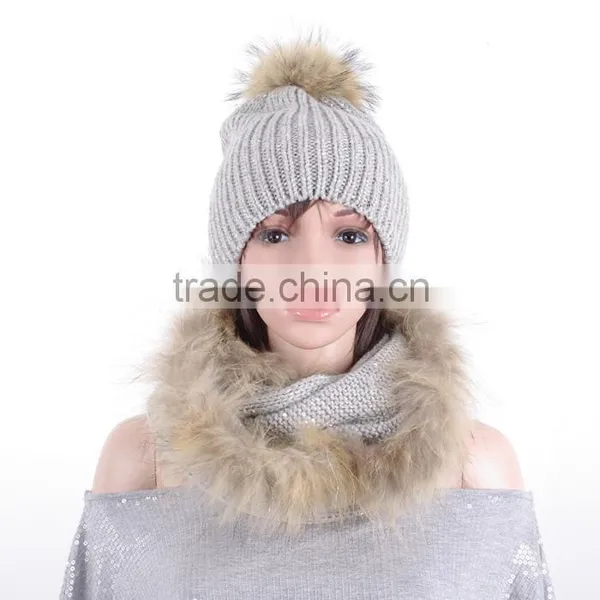 Top Quality Knit Beanie Hat Genuine Raccoon Fur Pompom Hats KZ150123 photo-2