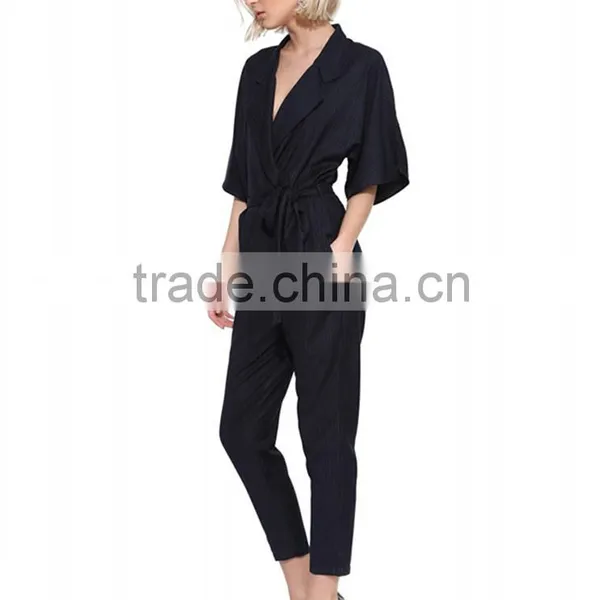 Women V Neck Belted Short Sleeve Stripe Regular Fit Jumpsuit photo-2