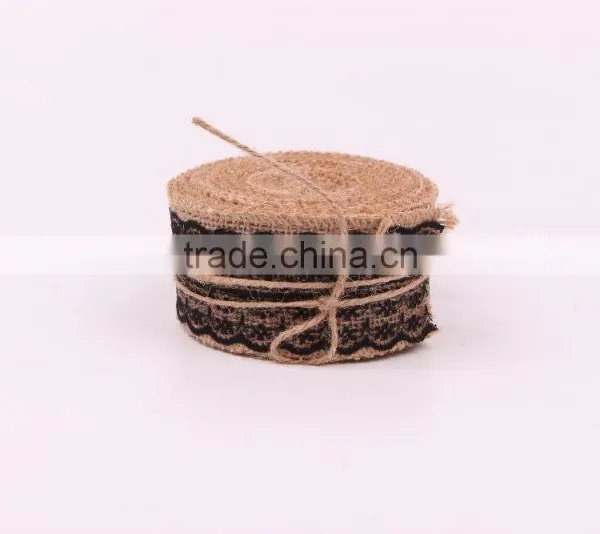 Jute Burlap Natural Hessian Ribbon With Black Color Lace Trim Wedding Rustic Vintage photo-2