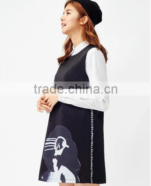 Women's Black Knitting Small Hem A Printed Sleeveless Dresses photo-4