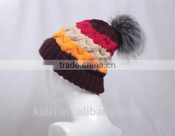 Winter Warm Knit Cap Thick Stick Knitting Mixed Color Winter Hats for Women Beanies With Fox Fur Poms photo-3
