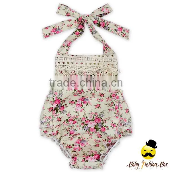 OEM Service Flower Printed Sleeveless Halter Fringe Toddler Baby Girl Floral Ruffle Romper Infant Newborn Clothes photo-5