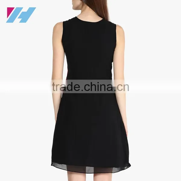 Fashion Clothing 2016 Woman Black Chiffon Sleeveless Mid Solid Shift Dress photo-4