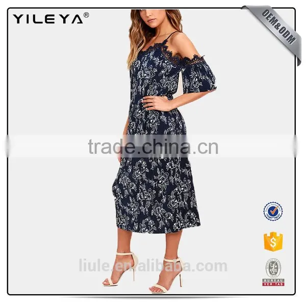 New Design Women Dresses Floral Print Lace Top Maxi Hippie Bohemian Dress photo-2