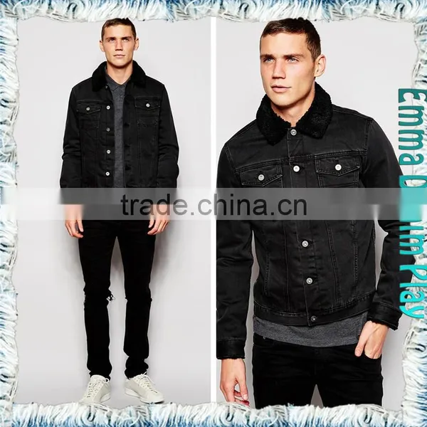 Black Mens Fleece Collar Fitted Denim Jacket for Chilly Winter photo-2