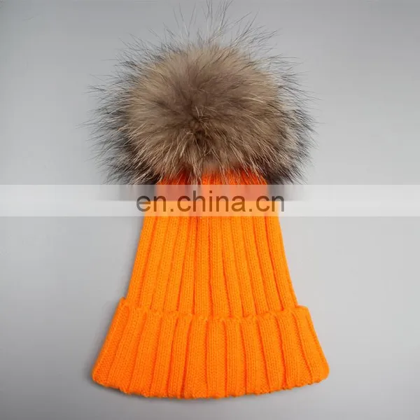 2016 Girls Winter Knitted Fur Bobble Hat With Big Genuine Raccoon Fur Bobble photo-5
