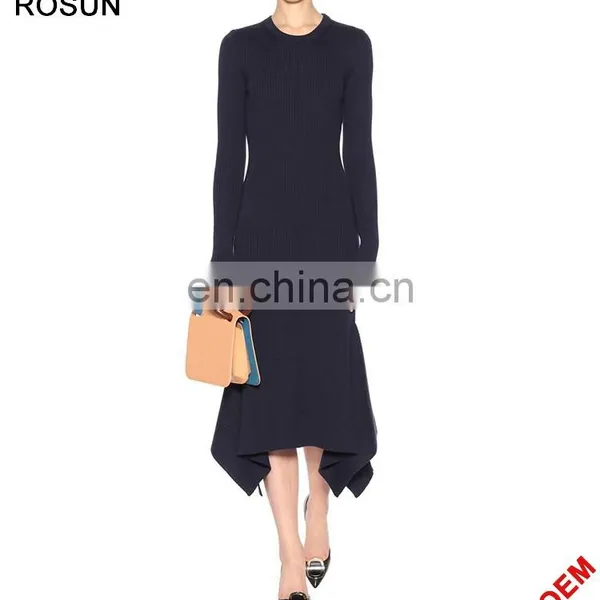 Women Fashion Asymmetric Hem Wool Rib Sweater Dress photo-2