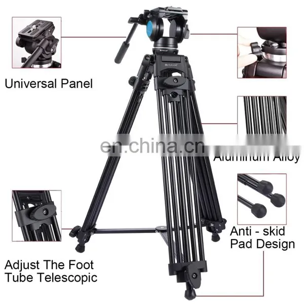 PULUZ 3 in 1 (Tripod + Bowl Adapter + Black Fluid Drag Head) Heavy Duty Video Camcorder Aluminum Alloy Tripod Mount Kit for DSLR photo-2