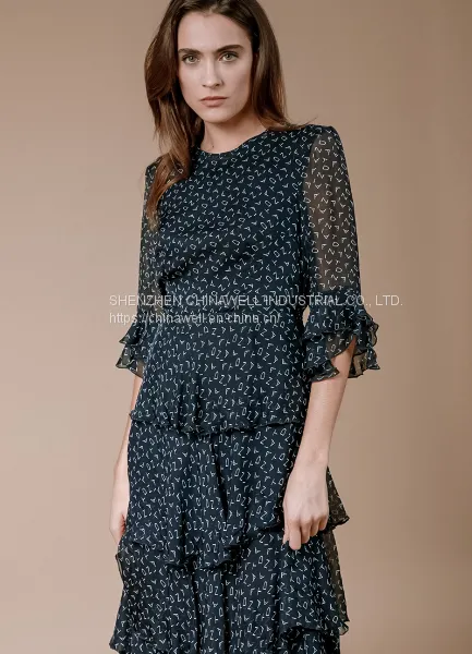Ladies' 100%silk Chiffon Short Sleeve Ruffler Edge Print Dress photo-3