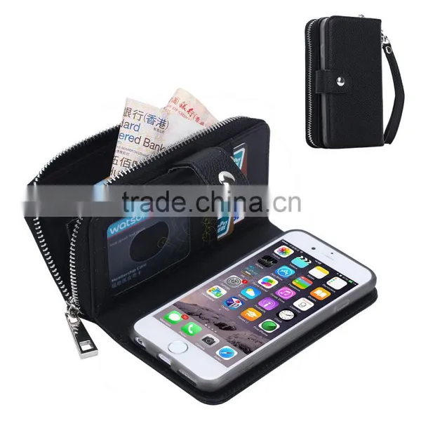 Fashion Zipper PU Leather Wallet Card Slot Black Cell Phone Case for IPhone 6/6s photo-3