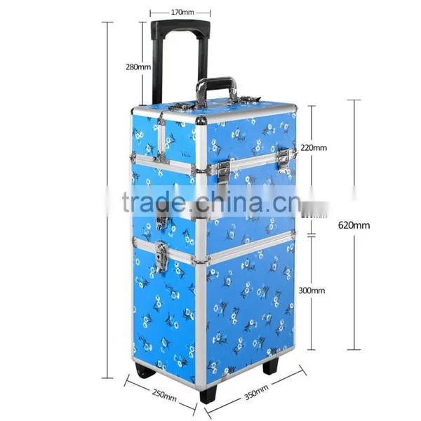 Aluminum 3-in-1 Blue Floral Makeup/Beauty/Hairdressing/Vanity Trolley/Box/Case photo-3
