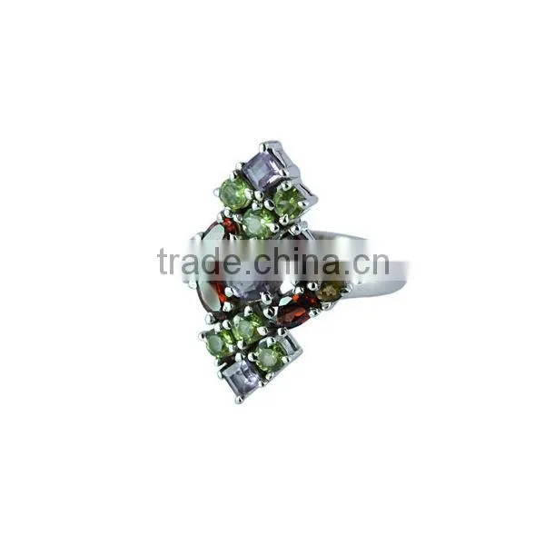 925 Sterling Silver Citrine Peridot Amethyst Garnet Gemstone Cluster Ring Jewelry