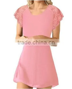 Women's Casual Backless Chiffon Lace O Neck Short Sleeve Summer Dress photo-4