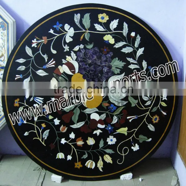 Black Inlaid Pietra Dura Round Table Top photo-4