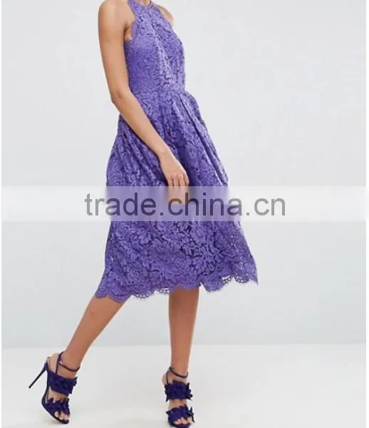 China Latest Clothing OEM Lace Pinny Scallop Margin Prom Midi Fashion Dress photo-5