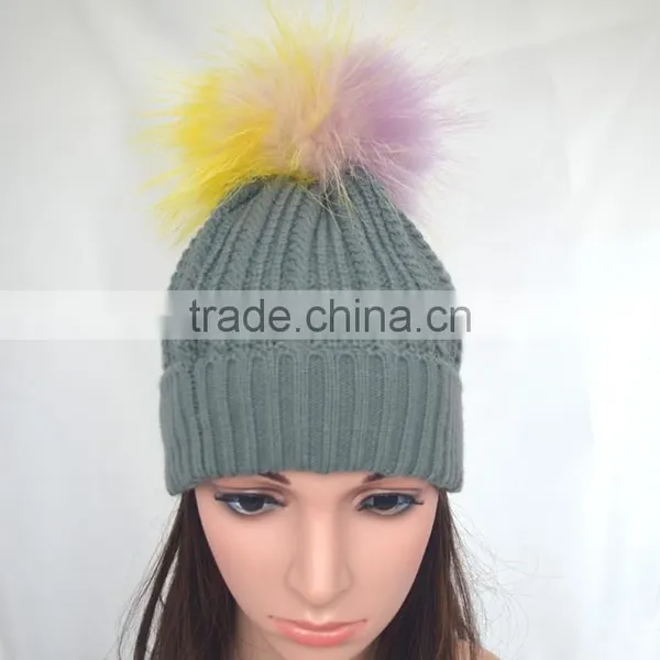 Myfur Grey Color Winter Striped Knitting Cap With Customized Big Fur Pom Pom photo-2