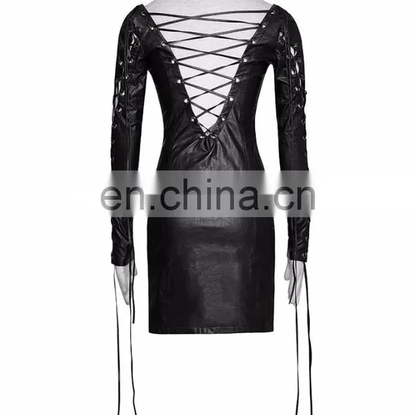 Punk Rave Gothic Fetish Black Slim Synthetic Leather Dress With Deep V-cuts Q-312 photo-3
