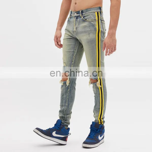DiZNEW Men's High Stretch Striped Ripped Blue Skinny Side Jeans Man photo-6