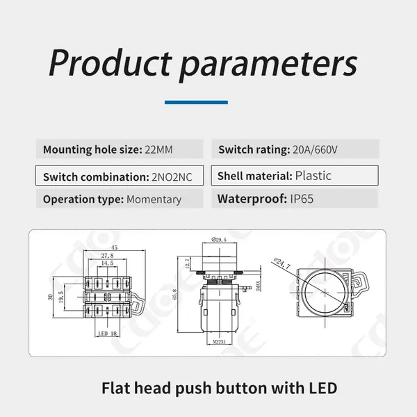 Ip65 22mm Plastic Red Flat Round Head 10a 1no1nc Start Stop Push Button Switch Momentary photo-3