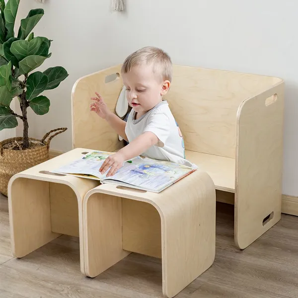 Children's Wooden Table and Chair Safe Arc Angle Multifunctional Desk and Chair Set photo-2
