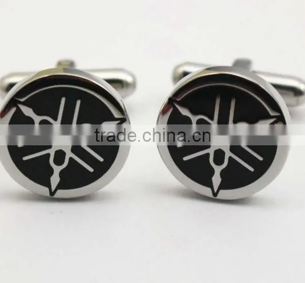 316L Stainless Steel Engraving Enamel Round Black Cufflinks for Men