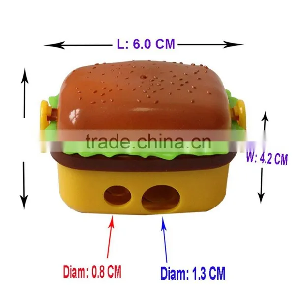 Hot Sale Two Hole Creative Cute Fashion Hamburger Shaped Plastic Pencil Sharpener With 2 Erasers Novelty Children Study Tools photo-2