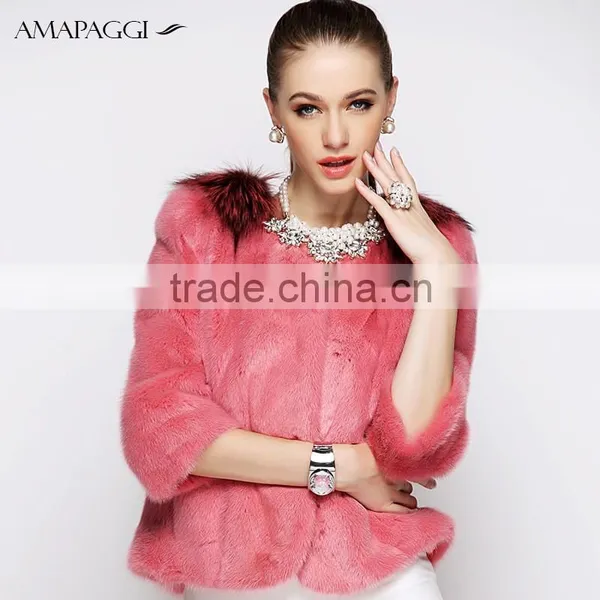 Wholesale Pink Short Mink Women Winter Fur Coat Mink With Fox Fur