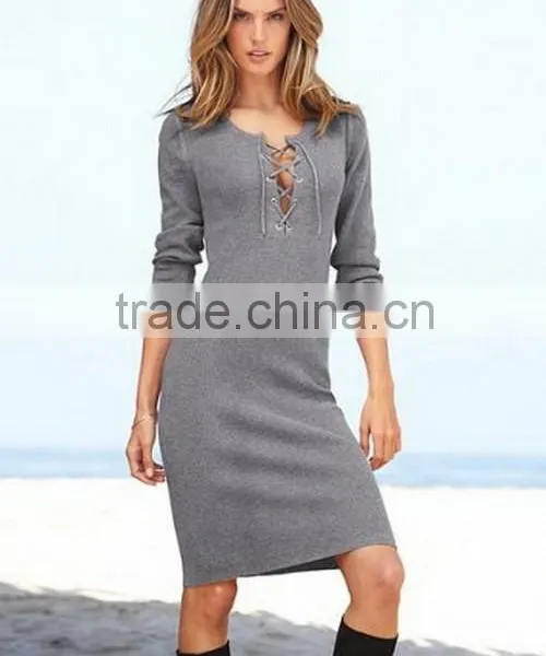 Mature Ladies Fall and Winter Collection Grey Sweater Dress Acrylic Wool Knit Sweater Dress Sexy Knitting Pattern Sweater Dress