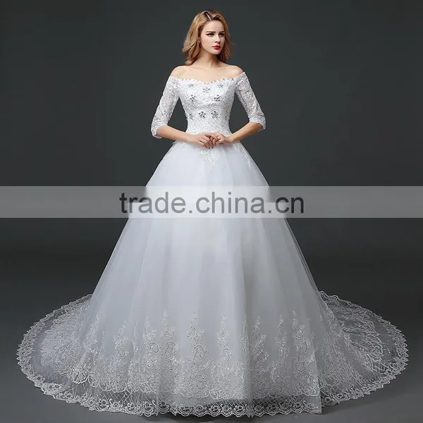 MGOO Elegant Old Castle Long Tail Wedding Dress Lao White Embroidery Off Shoulder 3/4 Long Sleeves Dress photo-2