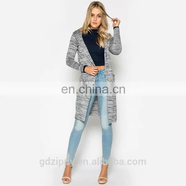 Knee length grey wholesale knitted women cadigan sweater with a hat