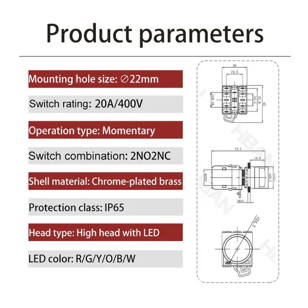 Ip65 22mm High Head Green Dot Illumination 20a 24v Spdt Switch Push Button Momentary photo-2