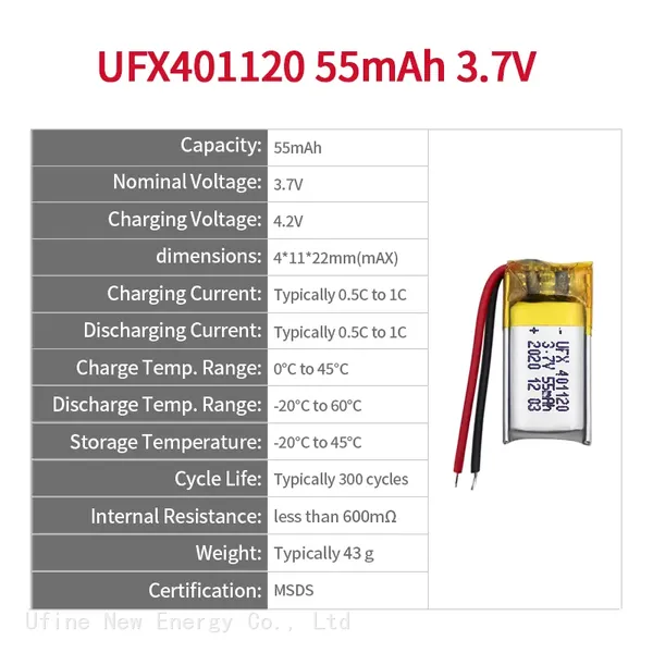 China Lipo Cell Manufacturer Customized POS Machine Rechargeable Li-Ion Battery UFX 401120 55mAh 3.7V Small Lipo Battery photo-2