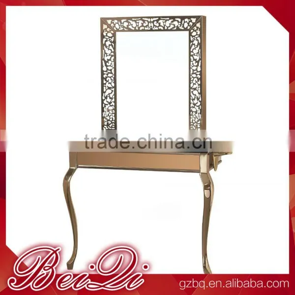 Beiqi Wholesale Price Golden Stainless Steel Mirror Station Wiht Led Light Decorative Barber Shop Mirror Salon Furniture