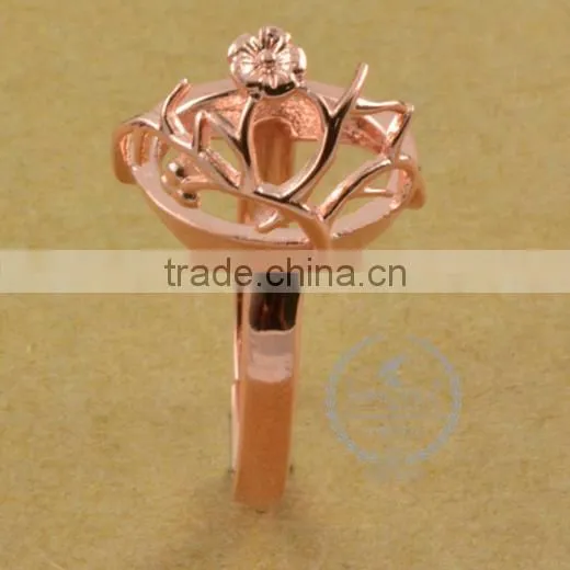 14mm 925 Sterling Silver Rose Gold Flower Branch Round Bezel Ring Base Blank Supplies DIY Findings 1216002 photo-3