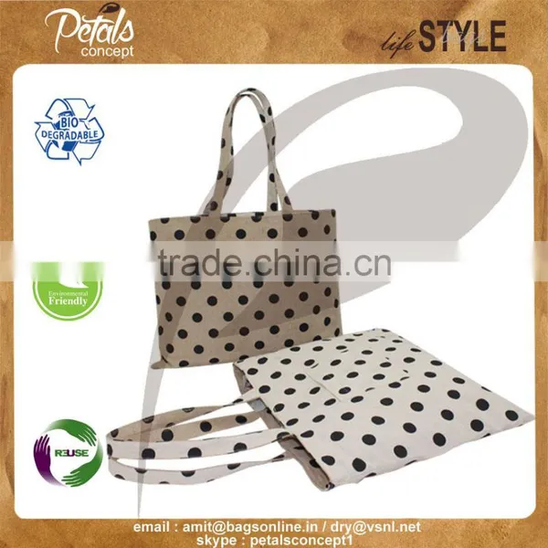 Jute Cotton Polka Dot Print Reversible Tote Bag for Shopping photo-2