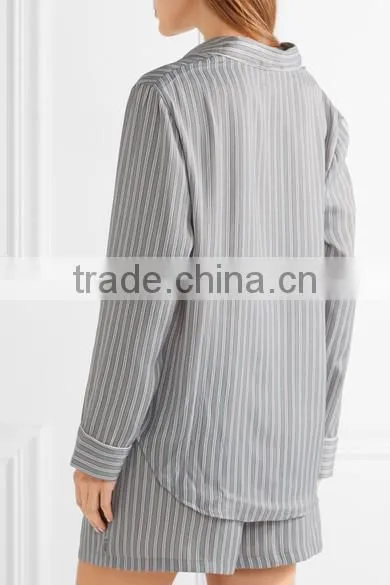 Pajamas Women Summer Long Sleeve Wholesale Custom Made in China Striped Satin Pajama Set photo-3