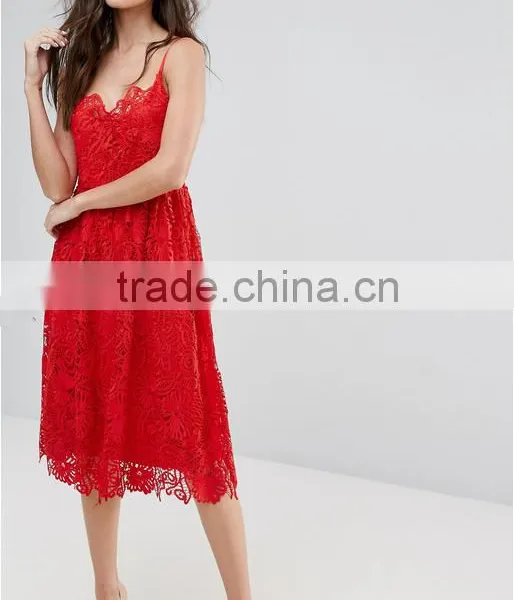 Clothing OEM Shiny Red Lady Women Midi Dresses Prom Lace Dresses