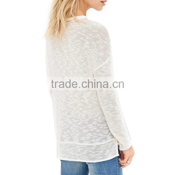 Cheap Drop Shoulder Sleeve Crew Neck Slub Stylish Long Sleeve Sweaters With Hem Split photo-3