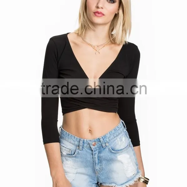 Latest New Design v Neck Crop Top Plain Wholesale Long Sleeve Women Crop Top photo-4