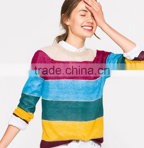 Hot Selling Rainbow Colorful Striped Pattern Cashmere Sweater Designs for Women photo-2
