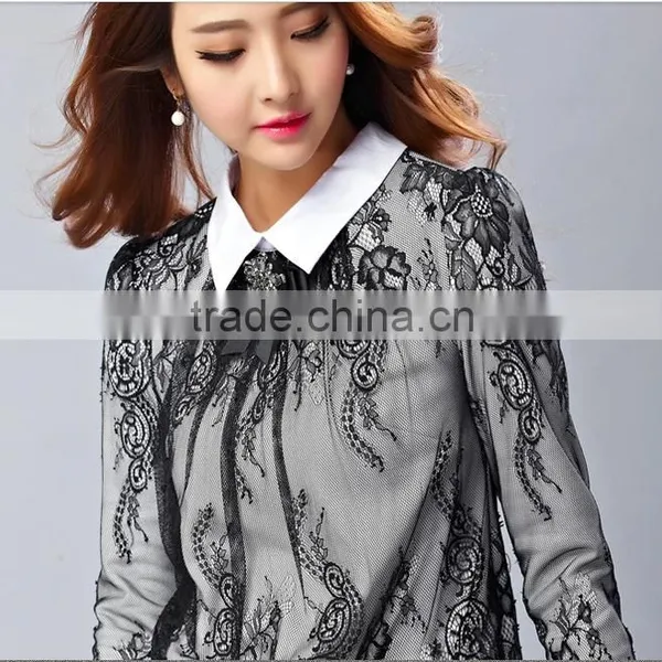 New Design 2014 Elegant Long Sleeve POLO Collar Lace Lady Shirt photo-2